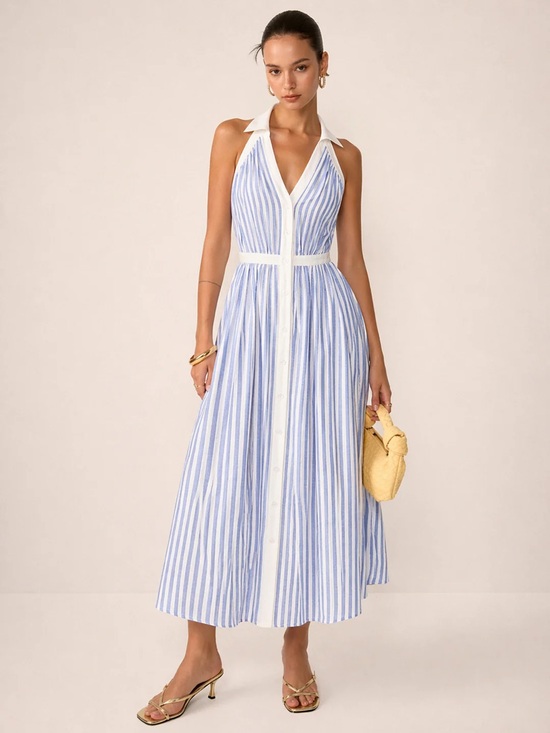 Dresses & Skirts - Striped Cotton Blend Collared Halter Midi Dress